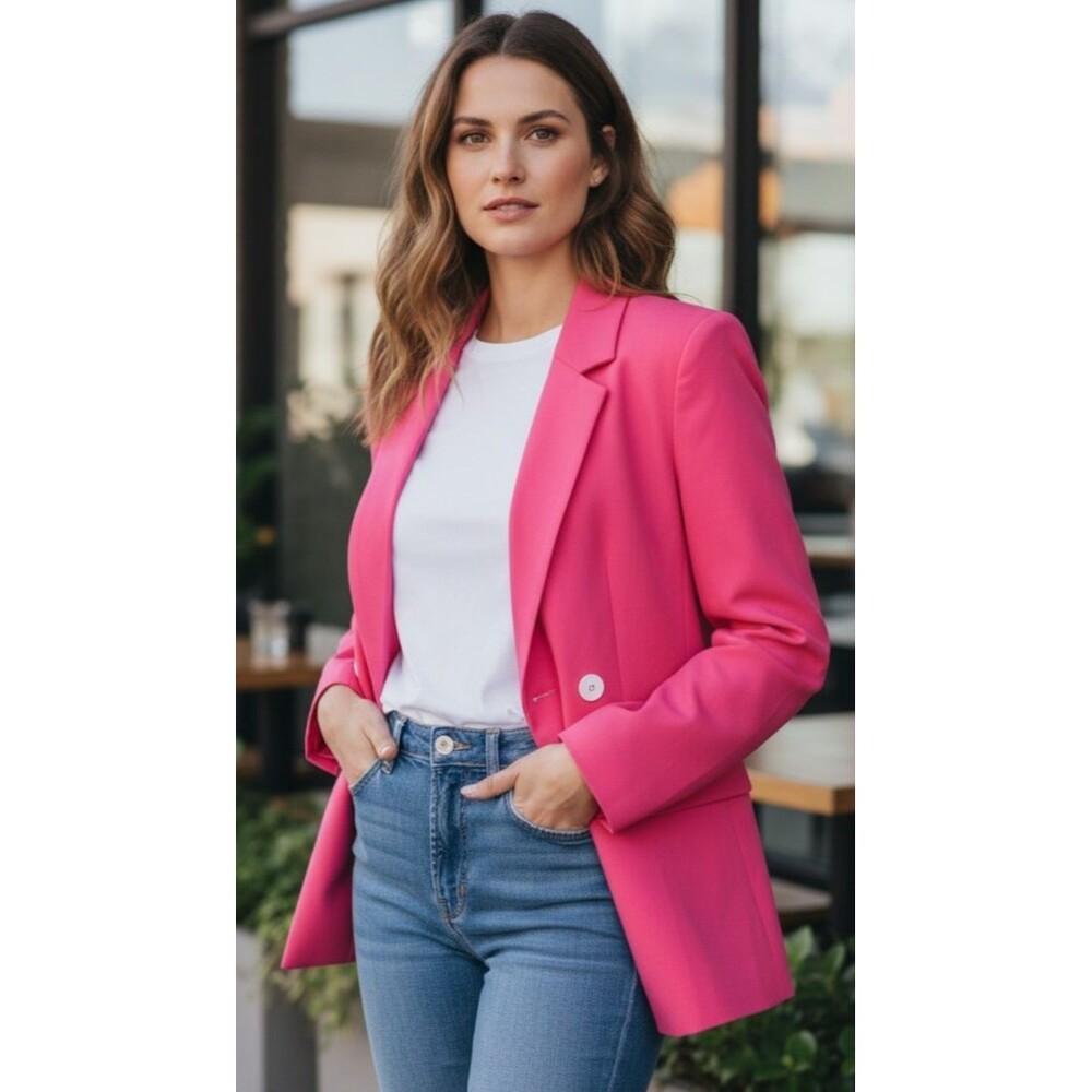 DESIGNER RENAMED PINK DOUBLE BREASTED LONG SLEEVE BLAZER MED